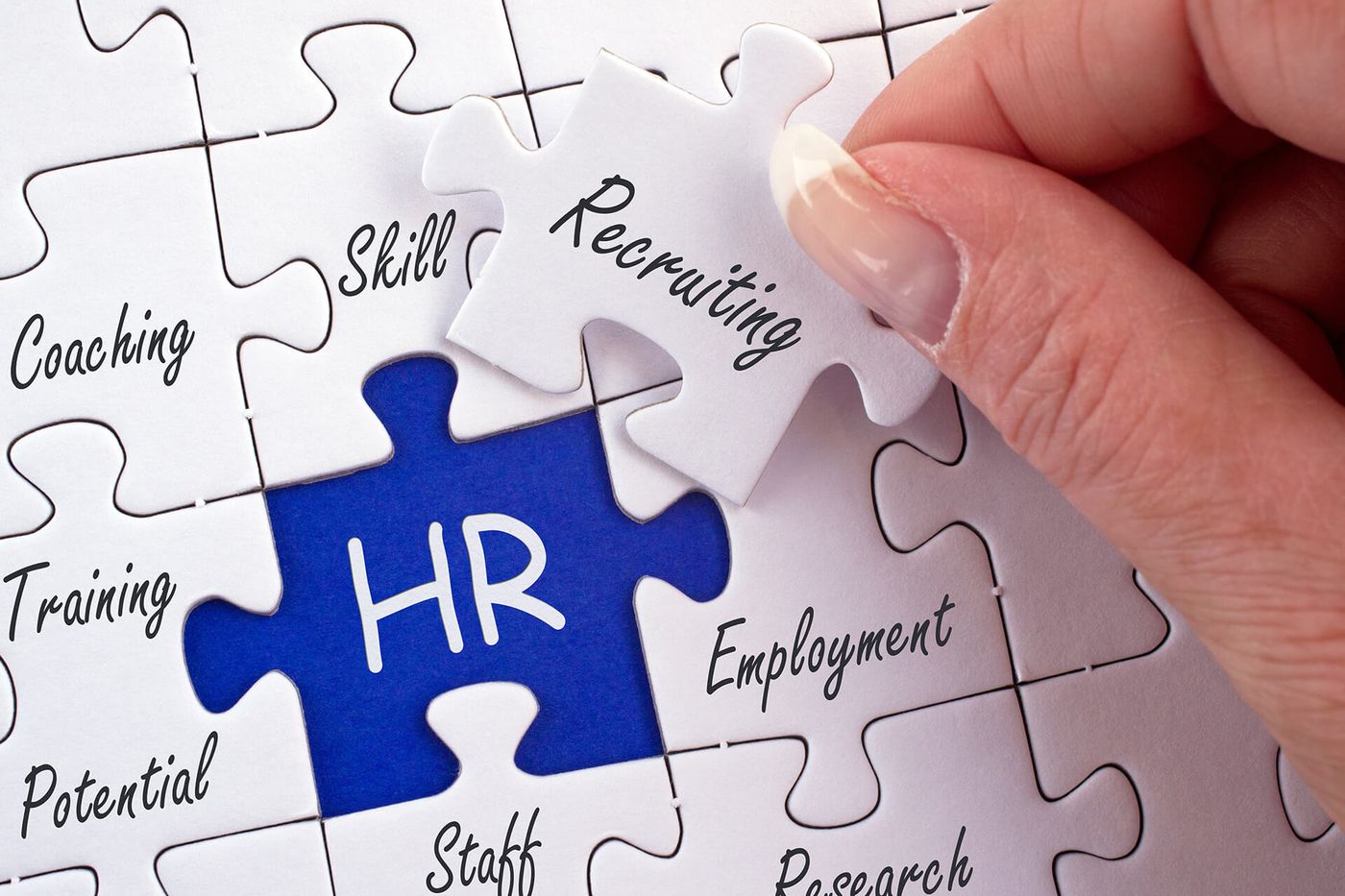HR jigsaw puzzle with recruiting, coaching, training and skills pieces
